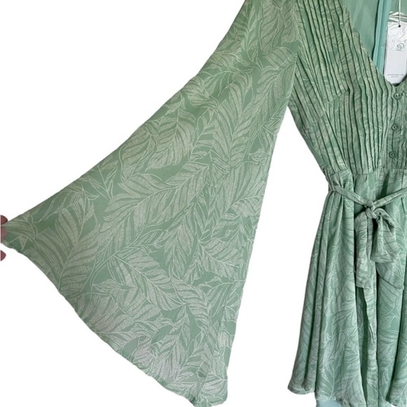 Aura Green Leaf Print Mini Dress with Bell Sleeves and Tie Waist | Size Small - Picture 5 of 11